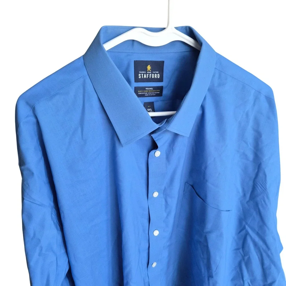 Stafford Mens Travel Easy Care Broadcloth Dress Shirt Blue 3XL Big 19-19.5 34-35